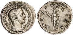 Alejandro Severo. Denario. 231-235 d.C. Anv.: IMP. ALEXANDER PIVS AVG. Busto con la˙rea y revestido a derecha. Rev.: SPES PVBLICA. Spes avanzando a izquierda con una flor. SB-543. Ar. 3,23gr. EBC-.