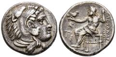Monedas Griegas REYES DE MACEDONIA, Alejandro III el Grande. Dracma. (Ar. 4,11g/17mm). 336-323 a.C. Sardis. (Price 2626). Anv: Cabeza de Heracles a derecha con piel de león. Rev: Zeus sentado a izquie