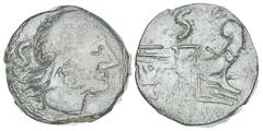 HISPANIA ANTIGUA HISPANIA ANTIGUA Anónimo. Semis. 100 a.C. Anv.: Cabeza de Júpiter a derecha. Detrás S. Rev.: Proa de nave a derecha. Encima S y debajo ROMA. Semis de imitación Hispánica. Vano de acuñ