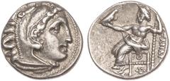 Alejandro III Magno. Dracma. 323-300 a.C. Macedonia. Anv.: Cabeza de Herakles a derecha recubierta con piel de león. Rev.: Zeus entronado a izquierda con un águila y bajo la silla una estrella. GC-673