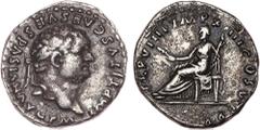 Tito. Denario. 80 d.C. Anv.: IMP. TITVS CAES. VESPASIAN AVG. P. M. Cabeza con láurea a derecha. Rev.: TR. P. VIIII. IMP. XIIII. COS. VII. II. Ceres sentada a izquierda sosteniendo, espiga, flor y anto