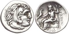 Alejandro III Magno. Dracma. Aphytis. Anv.: Cabeza de Heracles recubierta de piel de león. Rev.: Zeus entronado a izquierda con cetro y Victoria, delante cabeza y bajo la silla una hoja. MU-189. Ar. 4
