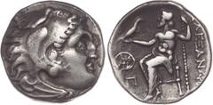 Alejandro III Magno. Dracma. 336-323 a.C. Incierta. Anv.: Cabeza de Heracles a derecha recubierta con piel de león. Rev.: Zeus entronado a izquierda con águila y cetro, delante monograma y letra. MU-1