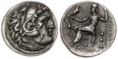 Alejandro III Magno. Dracma. 336-323 a.C. Cardia. Anv.: Cabeza recubierta con piel de león. Rev.: Zeus entronado a izquierda con águila y cetro, delante monograma. Raya en el anverso. Ar. 3,81g. MU-35