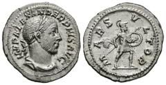 Imperio Romano ALEJANDRO SEVERO. Denario. 231-235 d.C. Roma. A/ Busto laureado y drapeado con coraza a derecha. IMP ALEXANDER PIVS AVG. R/ Marte en marcha a izquierda portando lanza y escudo. MARS VLT