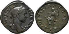 Roman Empire ALEJANDRO SEVERO. Sestercio. 222-235 d.C. Roma. A/ Busto laureado a derecha con ligero drapeado sobre hombro izquierdo. IMP SEV ALEXANDER AVG. R/ Justicia sedente a izquierda portando pát