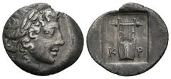 Ancient Greek coins KRAGOS. Lycia. Dracma. 150-100 a.C. A/ Cabeza laureada de Apolo a derecha. R/ Lira, a ambos lados K-P, dentro de cuadro incluso. Troxell, Lycian 84.34; SNG Copenhagen 59; RPC I 330