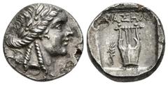 Ancient Greek coins PHASELIS. LYCIA. Dracma. 167-100 a.C. A/ Busto laureado de Apolo a derecha, sobre el hombro arco y carcaj. R/ Kithara con palma a la izquierda dentro de cuadro incuso. Troxell 49.1