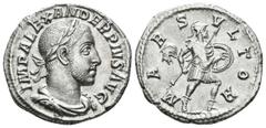 Roman Empire ALEJANDRO SEVERO. Denario. 231-235 d.C. Roma. A/ Busto laureado y drapeado con coraza a derecha. IMP ALEXANDER PIVS AVG. R/ Marte en marcha a izquierda portando lanza y escudo. MARS VLTOR