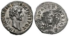 Roman Empire NERVA. Denario. (Ar. 3,29g/19mm). 97 d.C. Roma. Anv: IMP NERVA CAES AVG P M TR POT. Busto laureado de Nerva a derecha. Rev: COS III PATER PATRIAE. Elementos religiosos: Símpulo, aspérgilo
