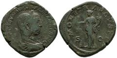 Imperio Romano SEVERUS ALEXANDER. Sesterce. (Ae. 22.45g / 30mm). 222-230 AD Rome. (RIC 587). Anv: IMP CAES M AVR SEV ALEXANDER AVG. Laureate and draped bust to the right of Alejandro Severo. Rev: MONE
