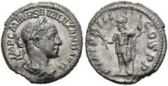Imperio Romano SEVERUS ALEXANDER. Denarius. (Ar. 2.43g / 19mm). 224 AD (RIC 37). Anv: Laureate and draped bust of Alejandro Severo on the right, around the legend: IMP CM AVR SEV ALEXAND AVG. Rev: Mar