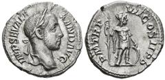 Imperio Romano SEVERUS ALEXANDER. Denarius. (Ar. 3.09g / 19mm). 222 AD Rome. (RIC 83). Ob: Laureate bust of Alejandro Severo on the right, around legend: IMP SEV ALEXAND AVG. Rev: Mars shelf on the ri