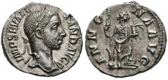 Imperio Romano SEVERUS ALEXANDER. Denarius. (Ar. 2.55g / 18mm). 229 AD Rome. (RIC 190). Ob: Laureate bust of Alejandro Severo on the right, around legend: IMP SEV ALEXAND AVG. Rev: Annona shelf right 