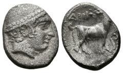 Ancient Greek coins THRACIA, Ainos. Diobolus. (Ar. 1.15g / 12mm). 435-405 BC (HGC 3.2, 1274). Anv: Helmeted head of Hermes on the right. Rev: Goat standing to the right, above Greek legend, in front o