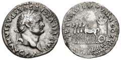 Roman Empire TITUS. Denarius. (Ar. 3.08g / 18mm). 79 AD Rome. (RIC 8). Anv: Laureate bust of Titus on the right, around legend: IMP TITVS CAES VESPASIAN AVG P M. Rev: Quadriga slowly advancing to the 
