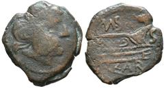 Hispania Antigua CARTEIA (San Roque, Cádiz). Semis. (Ae. 5,54g/23mm). 80-20 a.C. (FAB-624). Anv: Cabeza de Júpiter a derecha. Rev: Proa a derecha, encima leyenda: M SEP, debajo: KAR, delante: S. MBC-/