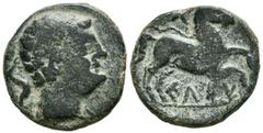 Hispania Antigua CELSE (Velilla del Ebro, Zaragoza). Semis. (Ae. 6,03g/22mm). 120-50 a.C. (FAB-782). Anv: Cabeza masculina a derecha rodeada de tres delfines. Rev: Caballo con brida a derecha, encima 