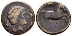 Hispania Antigua CELSE (Velilla del Ebro, Zaragoza). Semis. (Ae. 6,38g/21mm). 120-50 a.C. (FAB-782). Anv: Cabeza masculina a derecha rodeada de tres delfines. Rev: Caballo con brida a derecha, encima 
