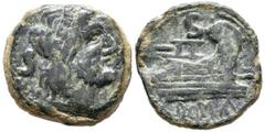 República Romana ACUÑACIONES ANONIMAS. Semis. (Ae. 6,17g/22mm). 211-206 a.C. (Crawford 56/3). Anv: Cabeza de Saturno a derecha, detrás S. Rev: Proa a derecha, encima S, debajo: ROMA. MBC-.