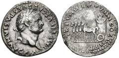 Imperio Romano TITO. Denario. (Ar. 3,08g/18mm). 79 d.C. Roma. (RIC 8). Anv: Busto laureado de Tito a derecha, alrededor leyenda: IMP TITVS CAES VESPASIAN AVG P M. Rev: Cuádriga avanzando lentamente a 