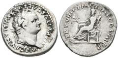 Imperio Romano TITO. Denario. (Ar. 3,19g/18mm). 79 d.C. Roma. (RIC 22). Anv: Cabeza laureada de Tito a derecha, alrededor leyenda: IMP TITVS CAES VESPASIAN AVG P M. Rev: Ceres sentada a izquierda port