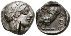 Grecia Antigua ATTICA, Atenas. Tetradracma. (Ar. 17,16g/23mm). 454-404 a.C. (SNG Copenhagen 31). Anv: Cabeza de Atenas con casco ático con cresta a derecha. Rev: Búho estante a derecha mirando de fren