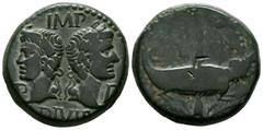 Imperio Romano AUGUSTO. Dupondio. (Ae. 12,65g/25mm). 10-14 d.C. Galia, Nemausus. (RIC 160). Anv: Cabezas laureadas de Augusto y Agrippa, a ambos lados P-P, alrededor leyenda: IMP DIVI F. Rev: Crocodil