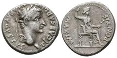 Imperio Romano TIBERIO. Denario. (Ar. 3,53g/19mm). 36-37 d.C. Lugdunum. (RIC 30). Anv: Cabeza de Tiberio a derecha, alrededor leyenda: TI CAESAR DIVI AVG AVGVSTVS. Rev: Livia sentada a derecha con ram
