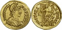 IMPERIAL COINAGE. HONORIUS, 393-423 A.D. AV Solidus, 402-406 A.D. Ravenna. Obv: Diademed, draped and cuirassed bust right. Rev: Honorius standing right, holding labarum and Victory on globe, foot on c