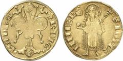 149. FRANCE. Arles. Etienne II of the Garde, 1351-1359. Florin d’or. Obv: Large lis. Rev: St John the Baptist holding a cross and scepter. Gold, 3.43 grams. Boudeau 798. Good Very Fine. 700€ / 900€