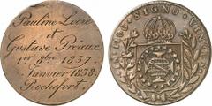 FRANCE. Marriage medal engraved on a 10 Reis from Brazil, 1837-1838. Obv: "PAULINE LOCRE ET GUSTAVE PREAUX 1 8bre 1837. JANVIER 1838. ROCHEFORT." Rev: Usual obverse of the Brazilian coin. Copper. 6.47
