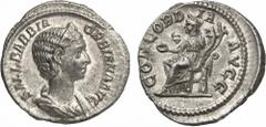ROMAN COINS. ROMAN EMPIRE. Orbiana (AD 225-227). AR Denarius, Rome mint, AD 225. Obv: Diademed and draped bust right. Rev: Concordia seated left, holding patera and double cornucopia. Silver. 2.60 gra