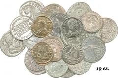 Lot de 19 nummi variés de Constantin II principalement 0,0 mm, 0,00 g, 0 h, Billon. Lot de dix-neuf comprenant trois nummi de Constantin Ier (TTB à TTB+ pour Trèves et Siscia), dix nummi de Constantin