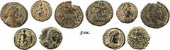 Lot de 5 bronzes de l'Empire chrétien 0,0 mm, 0,00 g, 0 h, Billon. Lot de cinq comprenant un nummus de Valentinien Ier frappé à Siscia (TTB, trou rebouché), un nummus de Gratien frappé à Antioche (TB+