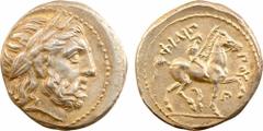 Macédoine, Philippe II, tétradrachme, Amphipolis, c.323-315 av. J.-C. A/Anépigraphe. Tête laurée de Zeus à droite. R/PHILIP-POY. Cavalier nu, marchant à droite, tenant une palme ; dans le champ, à dro