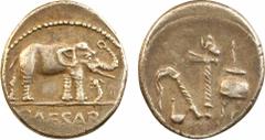 Jules César, denier, Italie, 49 av. J.-C. A/A l'exergue, CAESAR. Éléphant marchant à droite, piétinant un serpent. R/Anépigraphe. Instruments pontificaux. TTB, R Argent, 16,0 mm, 3,77 g, 6 h. B.9, RRC