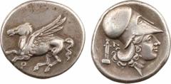 Corinthe, statère, c.345-307 av. J.-C. A/Anépigraphe. Pégase volant à gauche ; en dessous, lettre punique. R/Anépigraphe. Tête d'Athéna à droite, coiffée du casque corinthien et muni du couvre-nuque ;