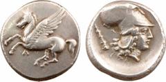 Colonies de Corinthe, statère, Anactorium, c.350-300 av. J.-C. A/Anépigraphe. Pégase volant à gauche ; en dessous, les lettres A et N en monogramme. R/Anépigraphe. Tête d'Athéna à droite, coiffée du c