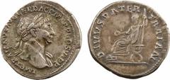 Trajan, denier, Rome, 112-117 A/IMP TRAIANVS AVG GER DAC P M TR P COS VI P P. Buste lauré à droite, avec pan de draperie sur l'épaule gauche. R/DIVVS PATER TRAIAN. Trajan en toge, assis à gauche sur u