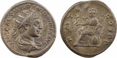Élagabale, antoninien, Rome, 218 A/IMP CAES M AVR ANTONINVS AVG. Buste radié à droite, drapé et cuirassé, vu de trois quarts en arrière. R/P M TR P COS P P. Roma assise à gauche sur un trône, tenant u