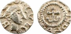 Neustrie, région parisienne, denier d'argent ou tremissis en or pâle, s.d. (c.650) région parisienne A/BEL[TOA?]CVL[s?]. Tête à droite avec une sorte de diadème à la base des cheveux. R/////DEo////. C