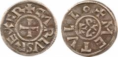 Charles le Chauve, denier, Melle A/+ CARLVS REX FR. Croix. R/(à 1 h.) + METVLLO. Monogramme de Charles. TTB+, Argent, 21,0 mm, 1,56 g, 8 h. D.606 (5754 ex.), MG.1063, P.692 Avec ce poids, cette légend