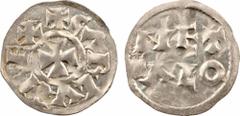 Charles le Simple, denier, Melle A/+ CARLVS REX, S inversée. Croix. . En deux lignes : MET/ ALO. SUP, Argent, 22,0 mm, 1,54 g, 7 h. D.629 (227 ex.) Avec ce poids, ce denier peut être donné à Charles l