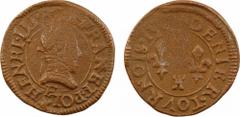 [132] Henri III, denier tournois, 15[88 ?] Tours A/(à 6 h.) HENRI. III. R. DE. FRAN. ET. POL (différent). Buste à droite du Roi, lauré et cuirassé, avec col plat ; différent d'atelier sous le buste. R