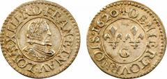 [416] Louis XIII, denier tournois 1er type, essai en argent, 1620 Poitiers A/(à 6 h.) LOYS. XIII. R. D. FRAN. ET. NAV. Buste enfantin du Roi à droite, lauré et cuirassé, avec col plat. R/+ DENIER. TOV