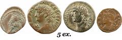 Lot de 5 monnaies antiques dont une drachme des Parthes et 4 bronzes romains Lot de cinq comprenant un nummus à la légende VRBS ROMA de l'époque constantinienne (TTB+), une drachme parthe (TTB), un br