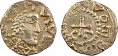 Yvois-Carignan, tremissis fourré, s.d. (c.675) A/EC FITVI VE. Buste à droite, la chevelure formée de points. R/VOMOA///. Croix dans un grènetis, avec C - A. TTB, RR Argent, 12,5 mm, 1,00 g, 3 h. P.cf 