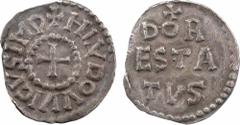 Louis le Pieux, denier, Dorestadt A/+ H LVDOVVICVS IMP. Croix dans un grènetis. . En quatre lignes : +/ DOR/ ESTA/ TVS. TTB, RR Argent, 20,0 mm, 1,54 g, 6 h. D.416 (57 ex.), MG.cf 335 Légèrement échan