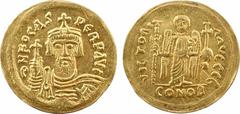 Phocas, solidus de poids léger (20 siliques), Constantinople, officine G, 607-610 A/d N FOCAS - PERP AVG. Buste couronné de face, drapé et cuirassé, tenant un globe crucigère. R/VICTORI - A AVGGG [G]/